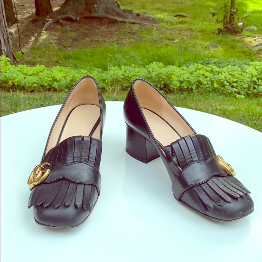 Gucci Black Leather Fringe Block Heel Loafers with Gold Hardware
